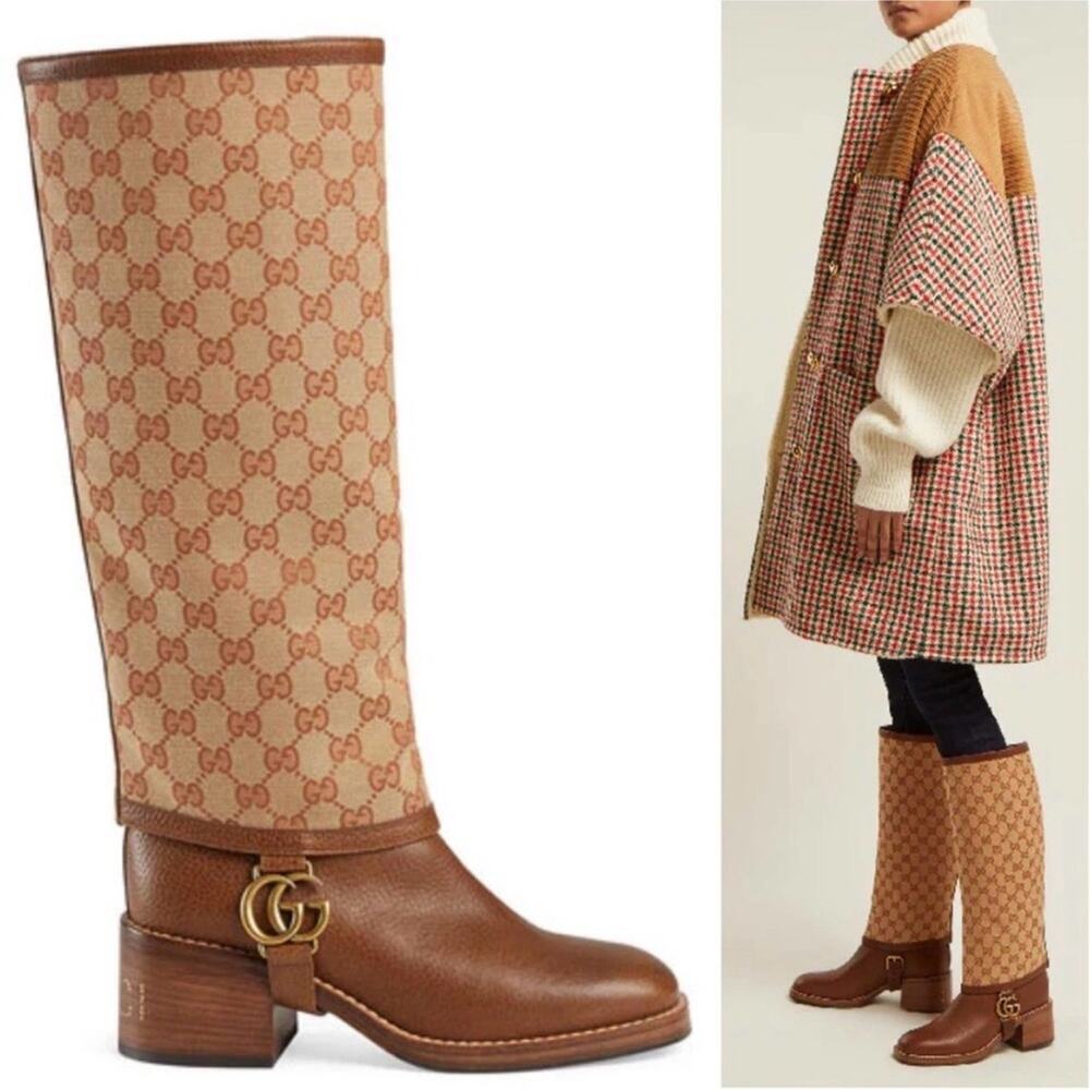 Gucci Lola GG Riding Boots Brown Knee High Supreme Block Heel EU 37.5 US 7.5